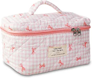 Bow Makeup Bag Organizer, Travel Makeup Bags for Women, Quilted Cosmetic Bag for Women, Large Travel Toiletry Bag, Cute Makeup Bags for Teen Girls, Cute Toiletry Bag Organizer