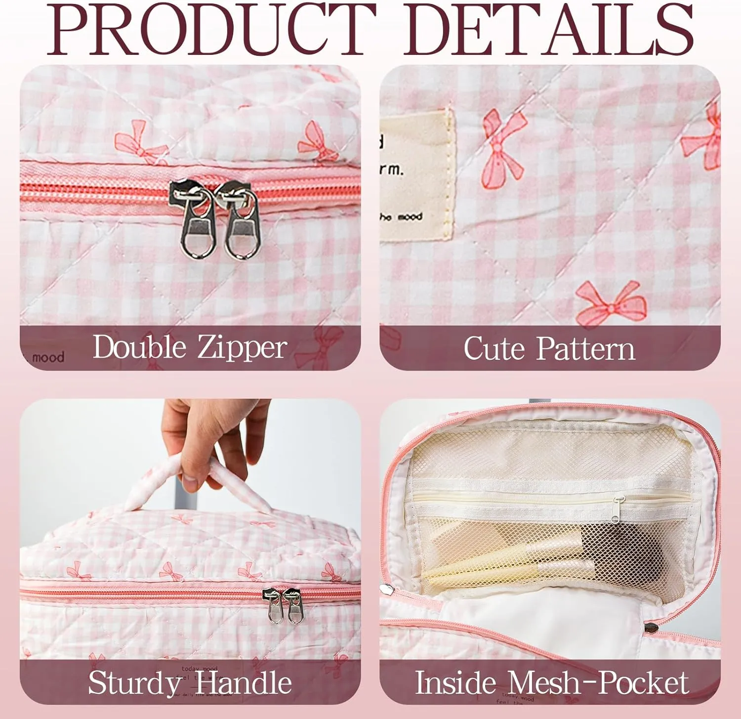 Bow Makeup Bag Organizer, Travel Makeup Bags for Women, Quilted Cosmetic Bag for Women, Large Travel Toiletry Bag, Cute Makeup Bags for Teen Girls, Cute Toiletry Bag Organizer
