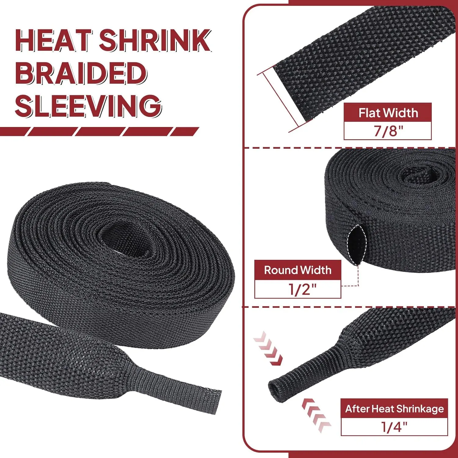 Braided Sleeving 2:1 Shrinkable Fabric Heat Shrink Tubing- Abrasion Protection Flexibility Wiring Harness Cable Sheath (1/2" ID, 30ft)