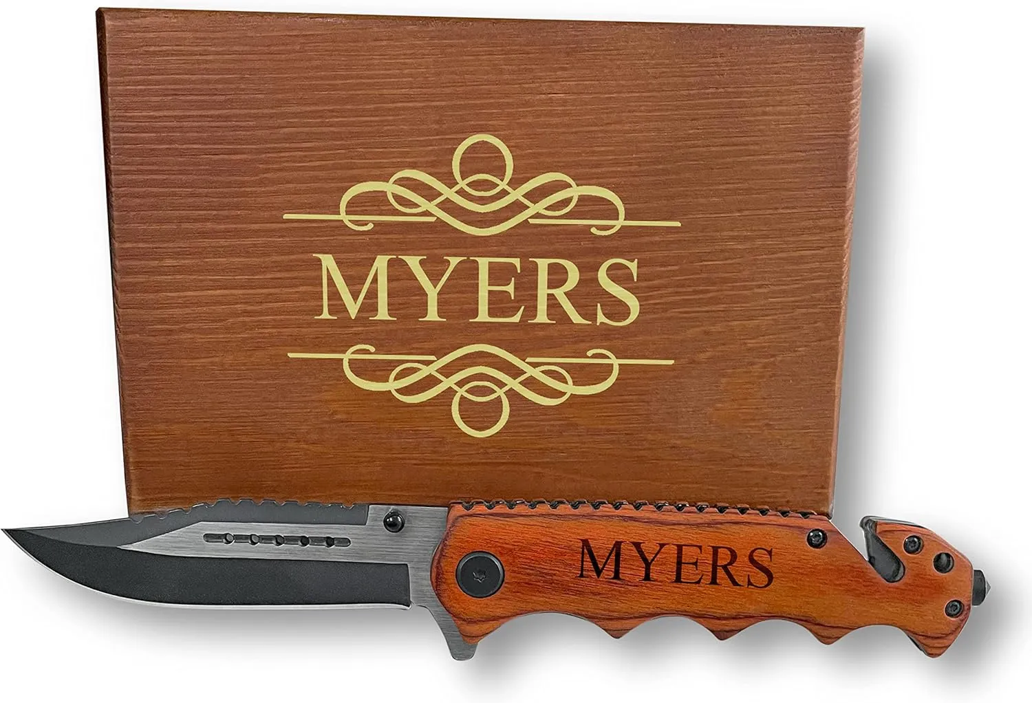 BRAY Customized Outdoor Knife With Glass Breaker and Seat Belt Cutter, wood Finished Knife, wood Survival Tactical Knife, Multi-Purposed Knife with Box