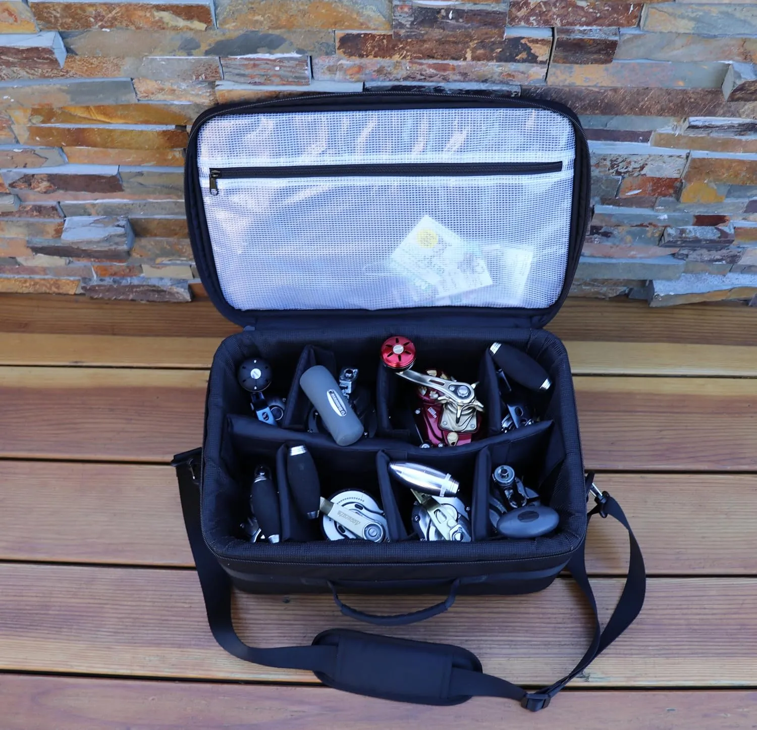 BRENTANO OUTDOOR FISHING REEL CASE BAG WATER RESISTANT WITH HARD STRUCTURE FRAME (Black, Large)