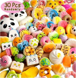 BUDI Upgraded Coluans 30Pcs Kawaii Squishies Random Super Slow Rising Squeeze Fidget Toy Bun Phone Straps Stress Relief Toys for Adults Birthday Favors for Kids Treasure Box Pinata Pretend Play