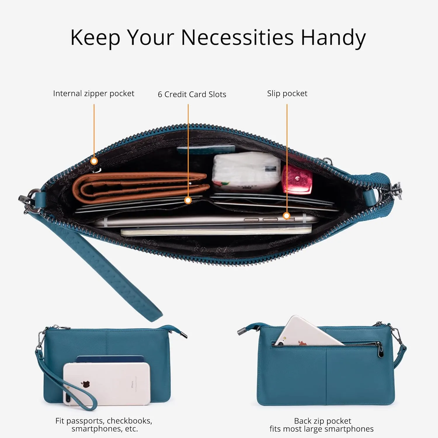 Bveyzi Genuine Leather Wristlet Purses for Women, Envelope Clutch Wallet Small Crossbody Bags for Dressy Evening