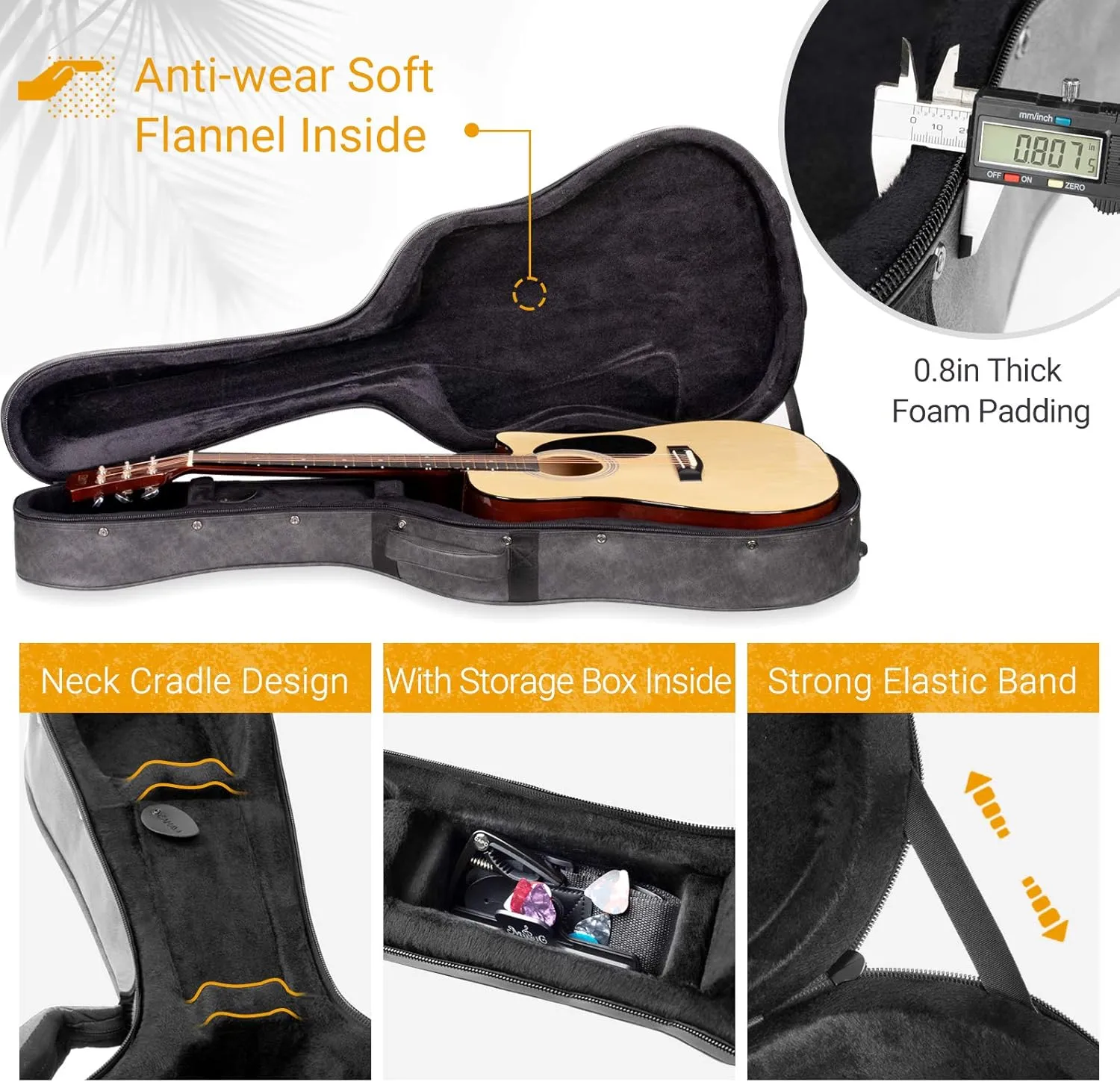CAHAYA Acoustic Guitar Case Waterproof Hardshell 0.8in Thick Padding Waterproof PU Design Easy Cleaning with 3 Pockets and Storage Box Inside Guitar Hard Case for 40 inch Acoustic Guitar