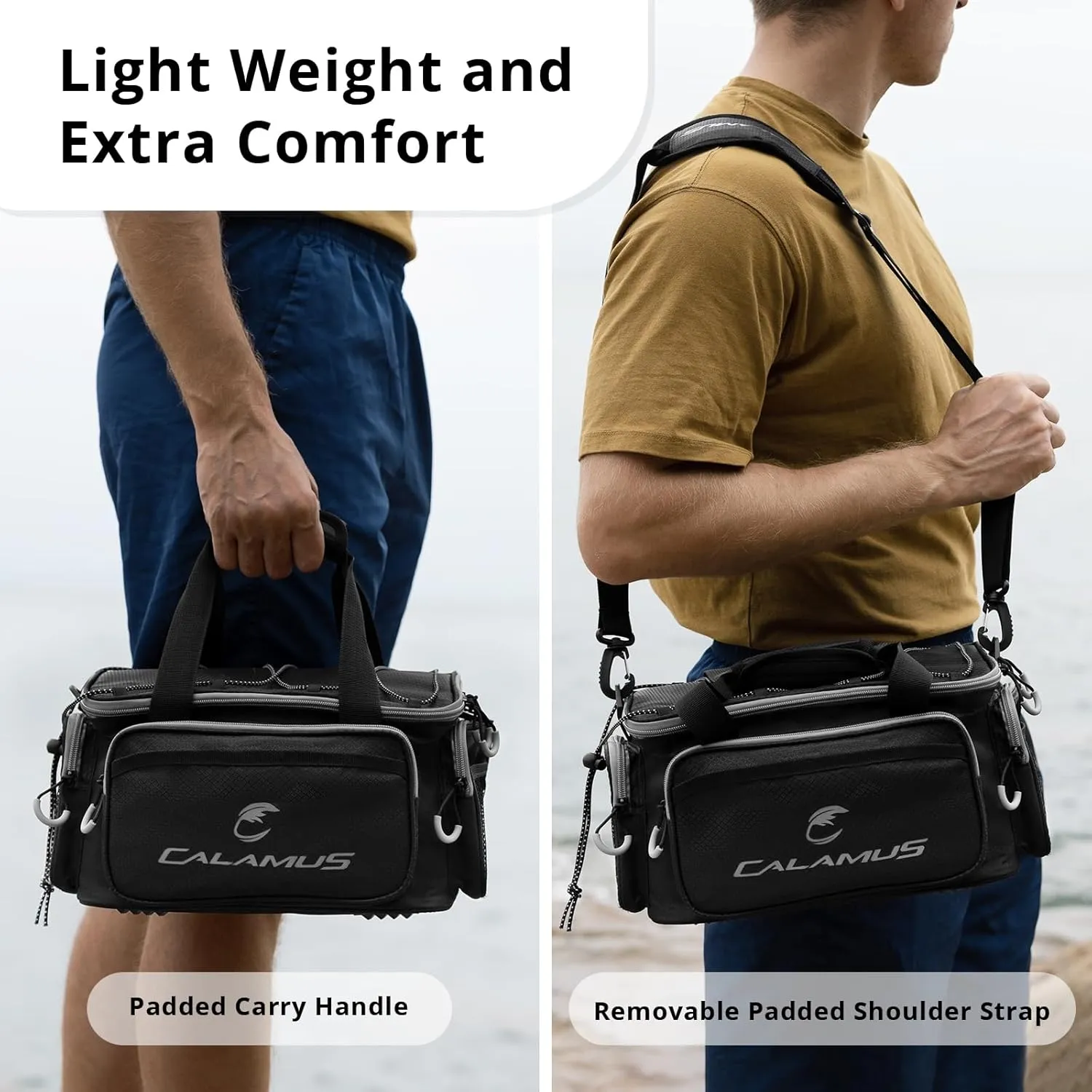 Calamus Fishing Tackle Bags - Saltwater & Freshwater Fishing Bags - Rip-Stop PE - Padded Shoulder Strap - Pliers Storage - Black