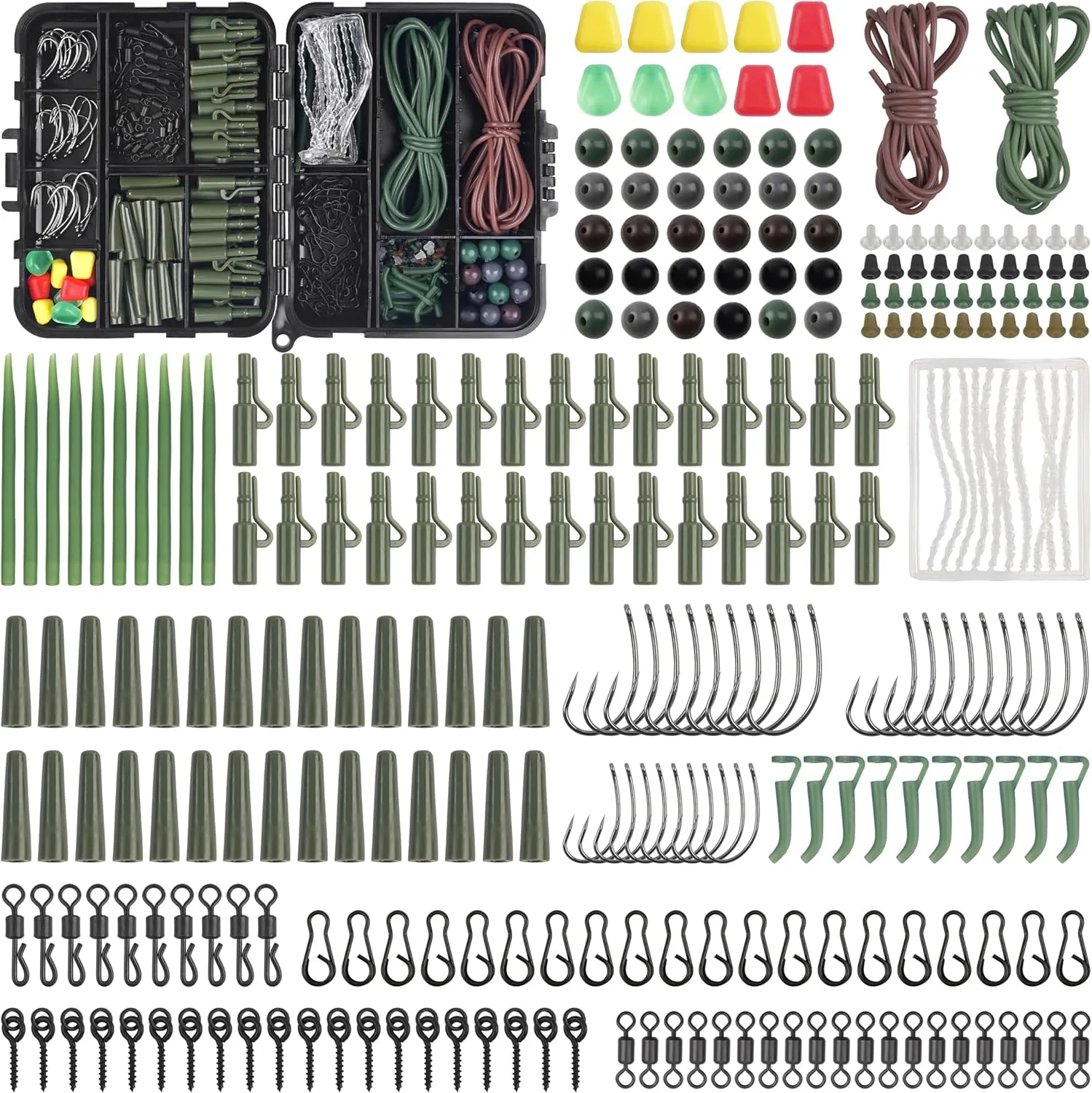 Carp Fishing Tackle Accessories Kit, 362pcs Carp Equipment Box Set Including Barbless Hooks Safety Clips Swivels Beads Corns Tubing Boilie Stops for Making Rigs