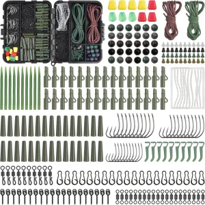 Carp Fishing Tackle Accessories Kit, 362pcs Carp Equipment Box Set Including Barbless Hooks Safety Clips Swivels Beads Corns Tubing Boilie Stops for Making Rigs