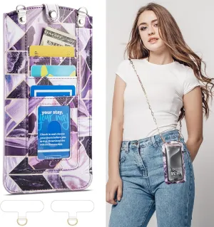 Cell Phone Purse Small Crossbody Bag for Women Leather Mini Shoulder Bag Wallet Case with Touch Screen and Card Slots Chain 2 Patches for All Smartphones iPhone 16 15 Samsung up to 7.5" Puple Marble