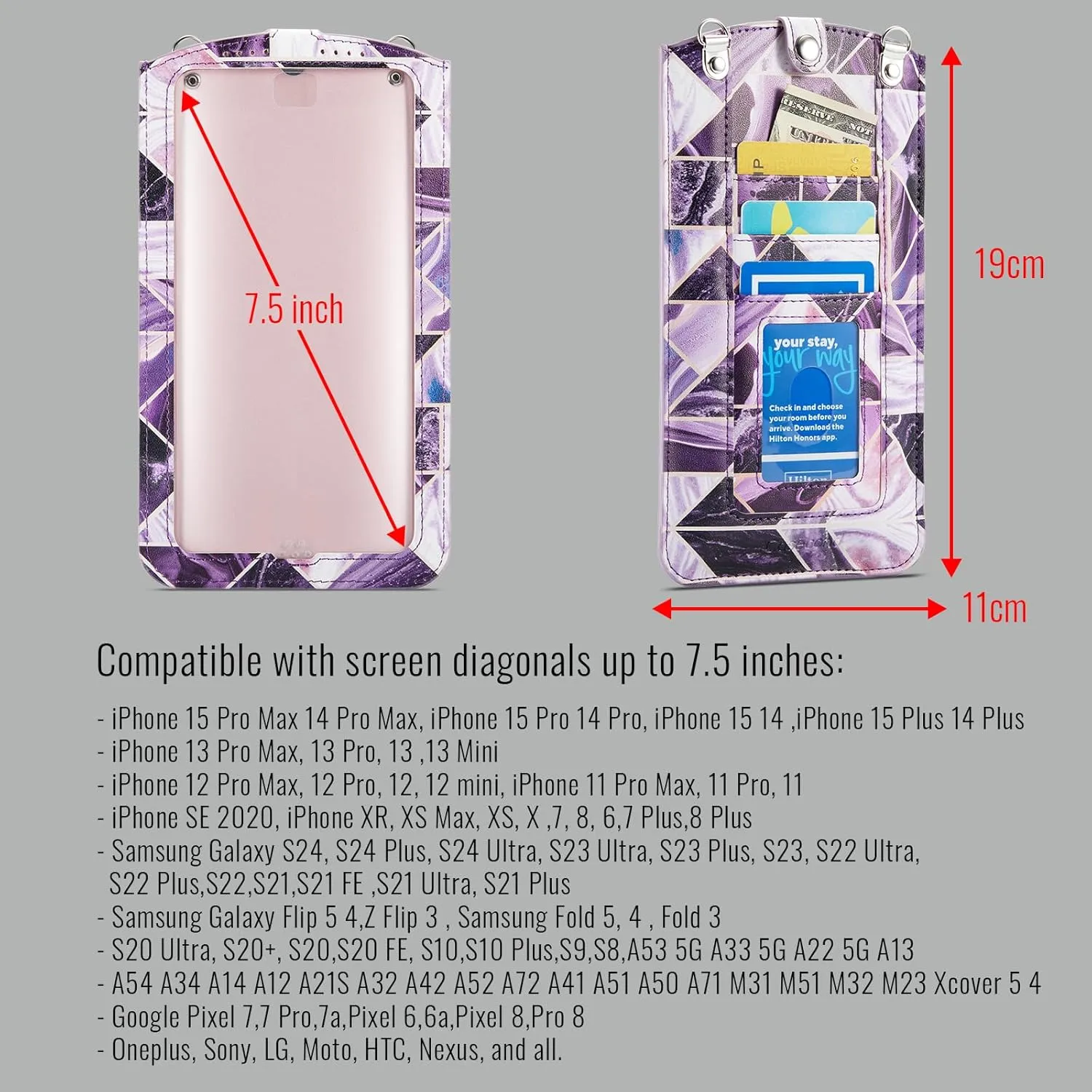 Cell Phone Purse Small Crossbody Bag for Women Leather Mini Shoulder Bag Wallet Case with Touch Screen and Card Slots Chain 2 Patches for All Smartphones iPhone 16 15 Samsung up to 7.5" Puple Marble