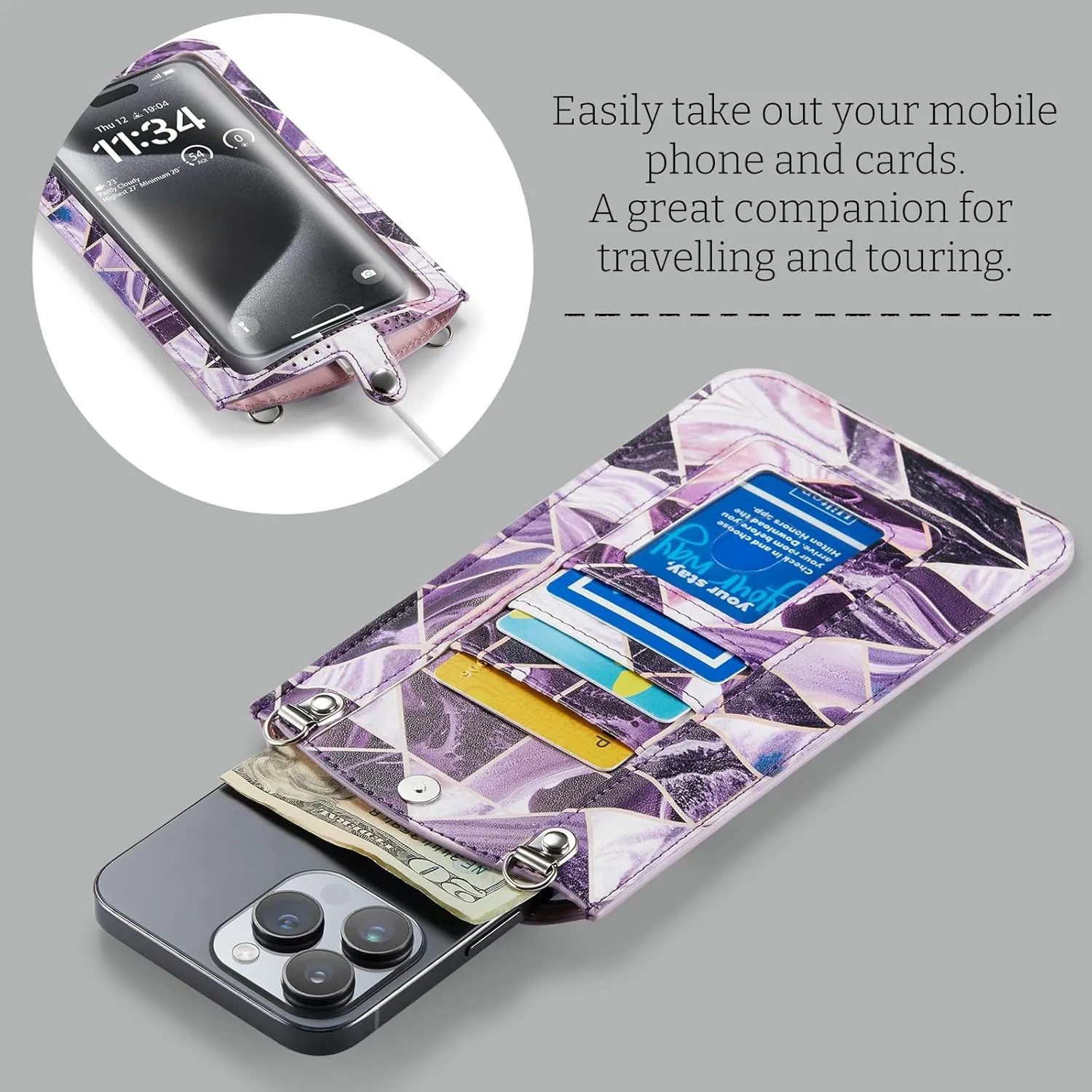 Cell Phone Purse Small Crossbody Bag for Women Leather Mini Shoulder Bag Wallet Case with Touch Screen and Card Slots Chain 2 Patches for All Smartphones iPhone 16 15 Samsung up to 7.5" Puple Marble