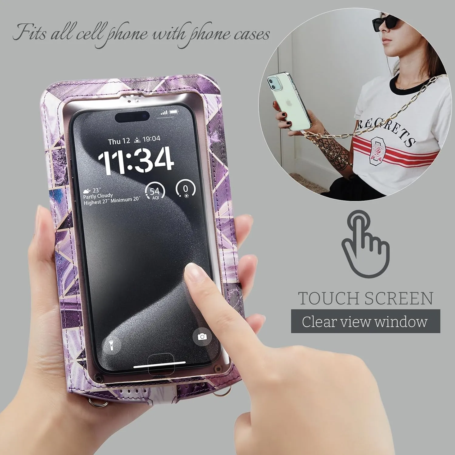 Cell Phone Purse Small Crossbody Bag for Women Leather Mini Shoulder Bag Wallet Case with Touch Screen and Card Slots Chain 2 Patches for All Smartphones iPhone 16 15 Samsung up to 7.5" Puple Marble