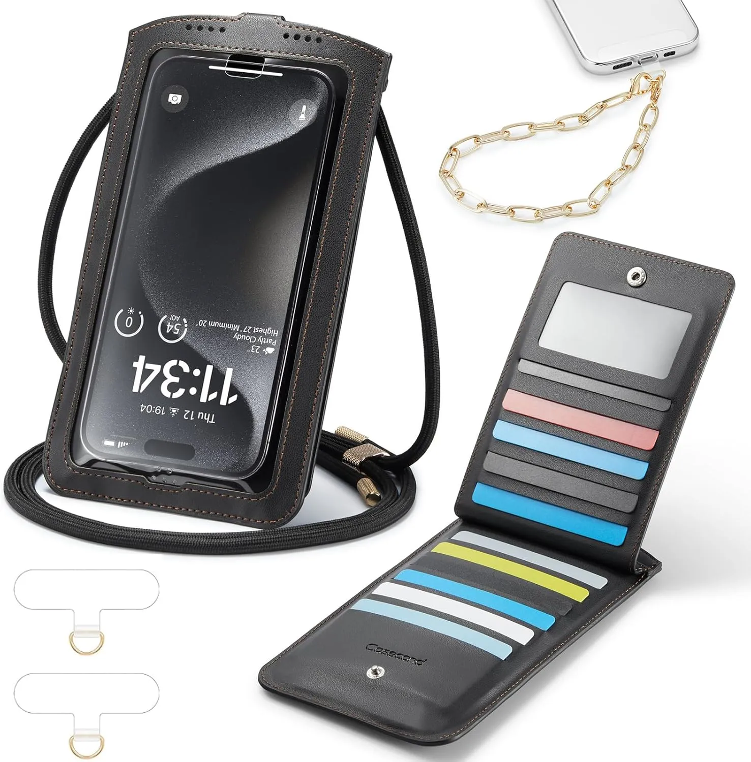 Cell Phone Purse Small Crossbody Phone Bag for Women Men Leather Mini Shoulder Wallet with Strap Lanyard Card Holder Slot Pouch Wrist Chain for All Smartphones iPhone 16 for Samsung up to 7.5" Black