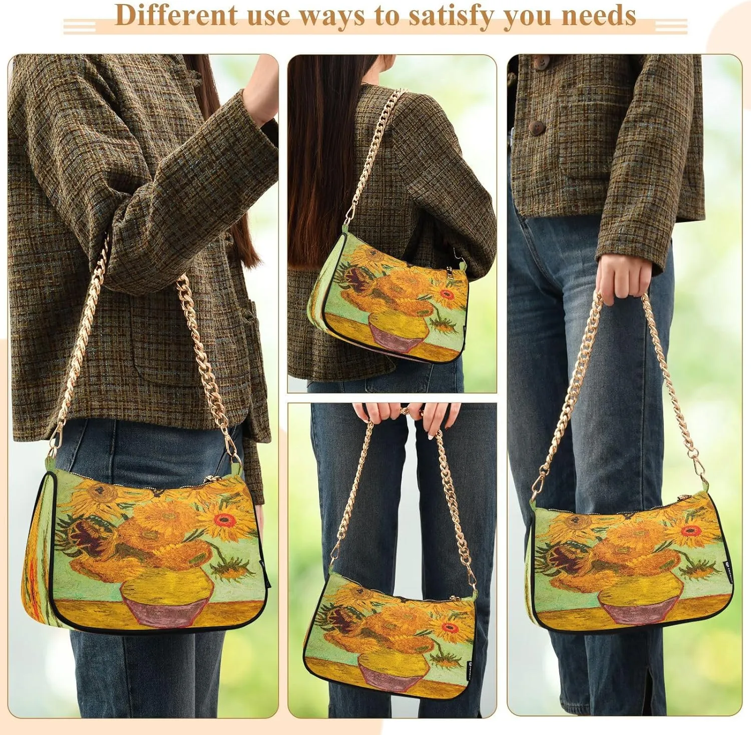 Chain Shoulder Bag Hobo Tote Handbag Mini Clutch Purse with Zipper Closure for Women