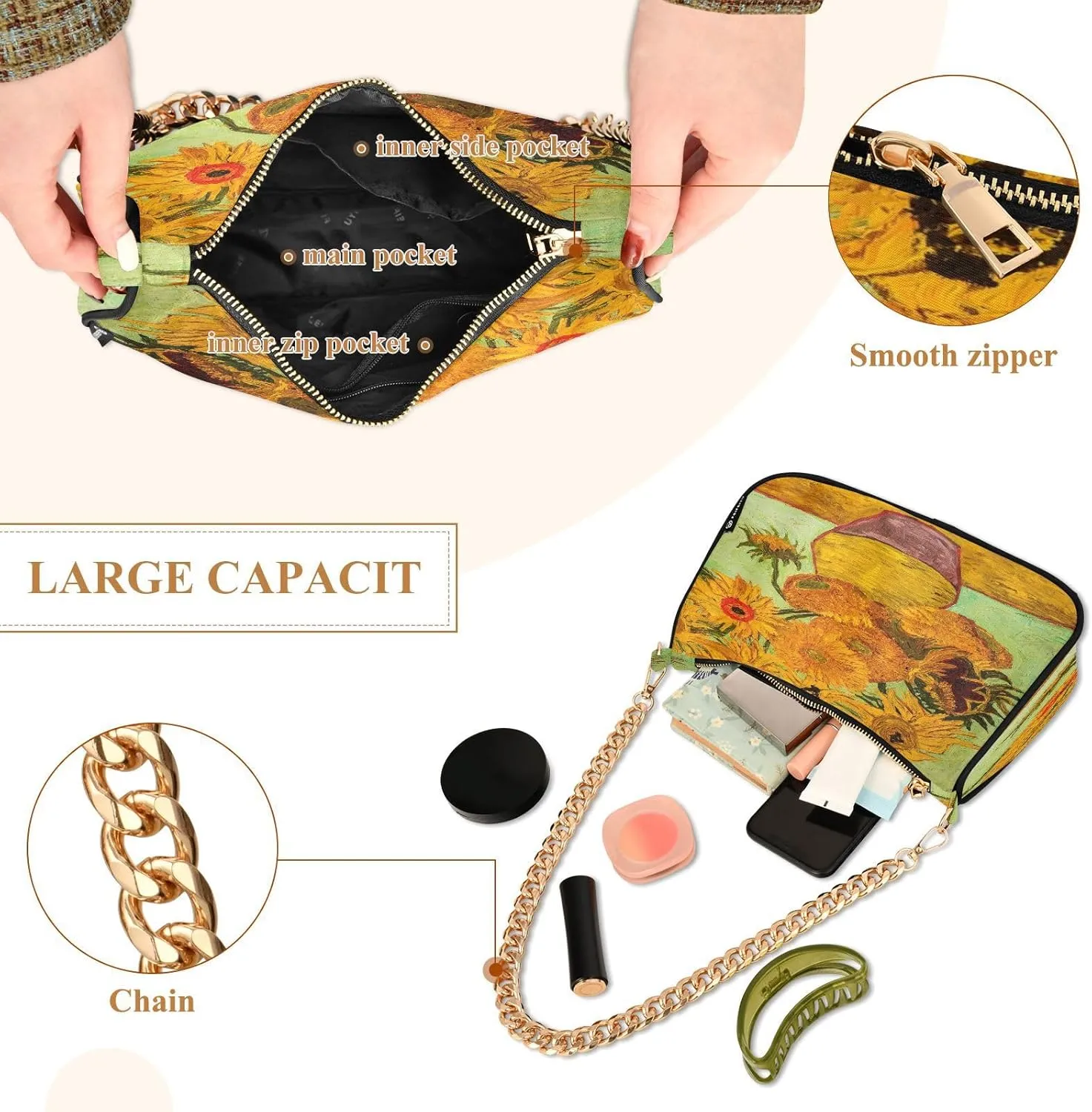 Chain Shoulder Bag Hobo Tote Handbag Mini Clutch Purse with Zipper Closure for Women