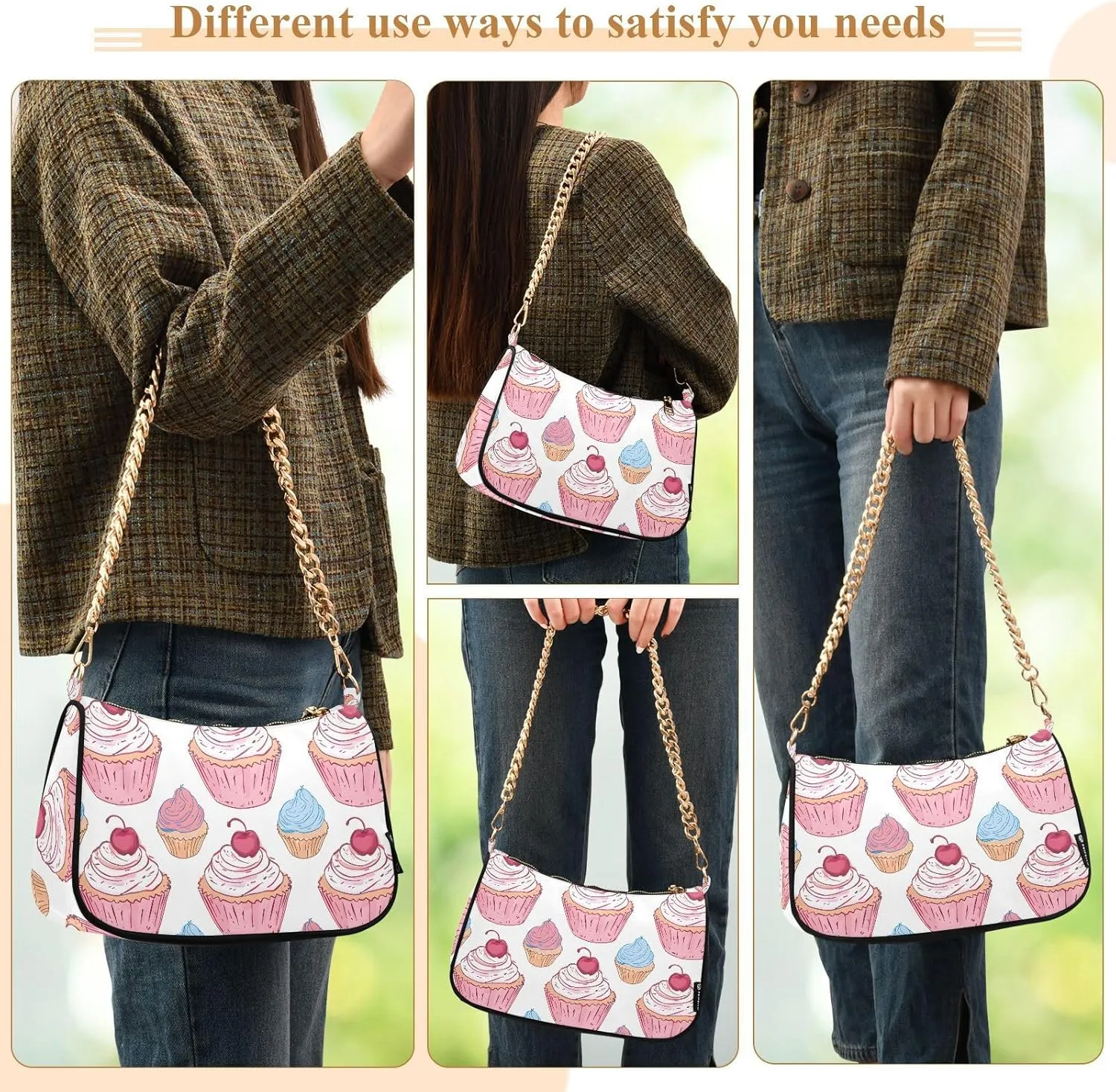 Chain Shoulder Bag Hobo Tote Handbag Mini Clutch Purse with Zipper Closure for Women