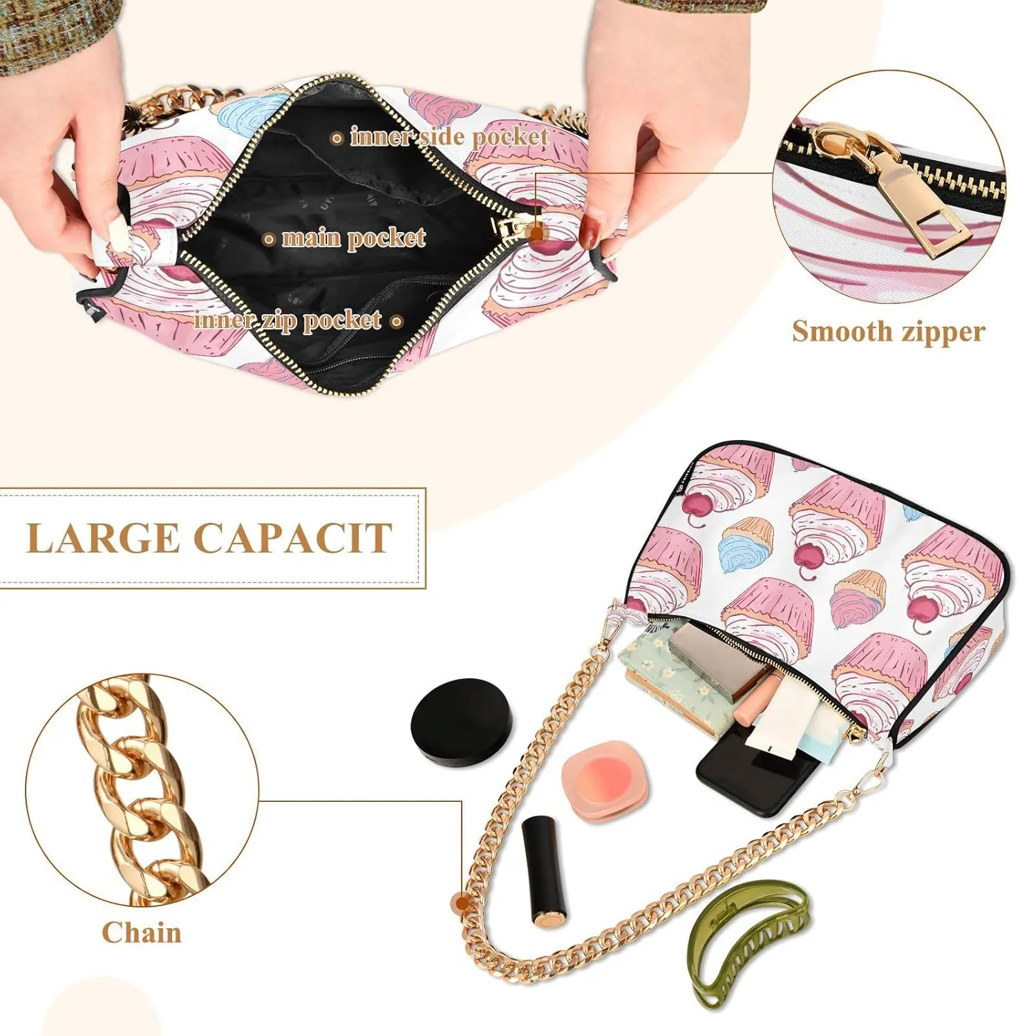 Chain Shoulder Bag Hobo Tote Handbag Mini Clutch Purse with Zipper Closure for Women