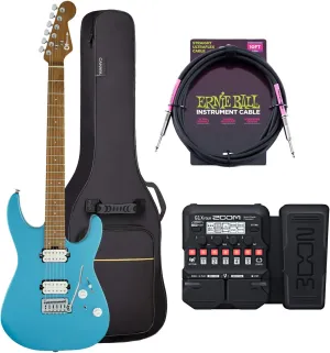 Charvel Pro-Mod DK24 HH 2PT Electric Guitar – Matte Blue Frost, Zoom G1X Guitar Effects, ErnieBall Cable, CAHAYA Electric Guitar Bag Bundle