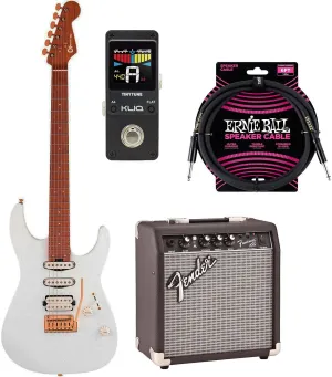 Charvel Pro-Mod DK24 HSS Electric Guitar – Snow White, Fender Frontman 10G Amp, EBall Cable, KLIQ TinyTune Bundle
