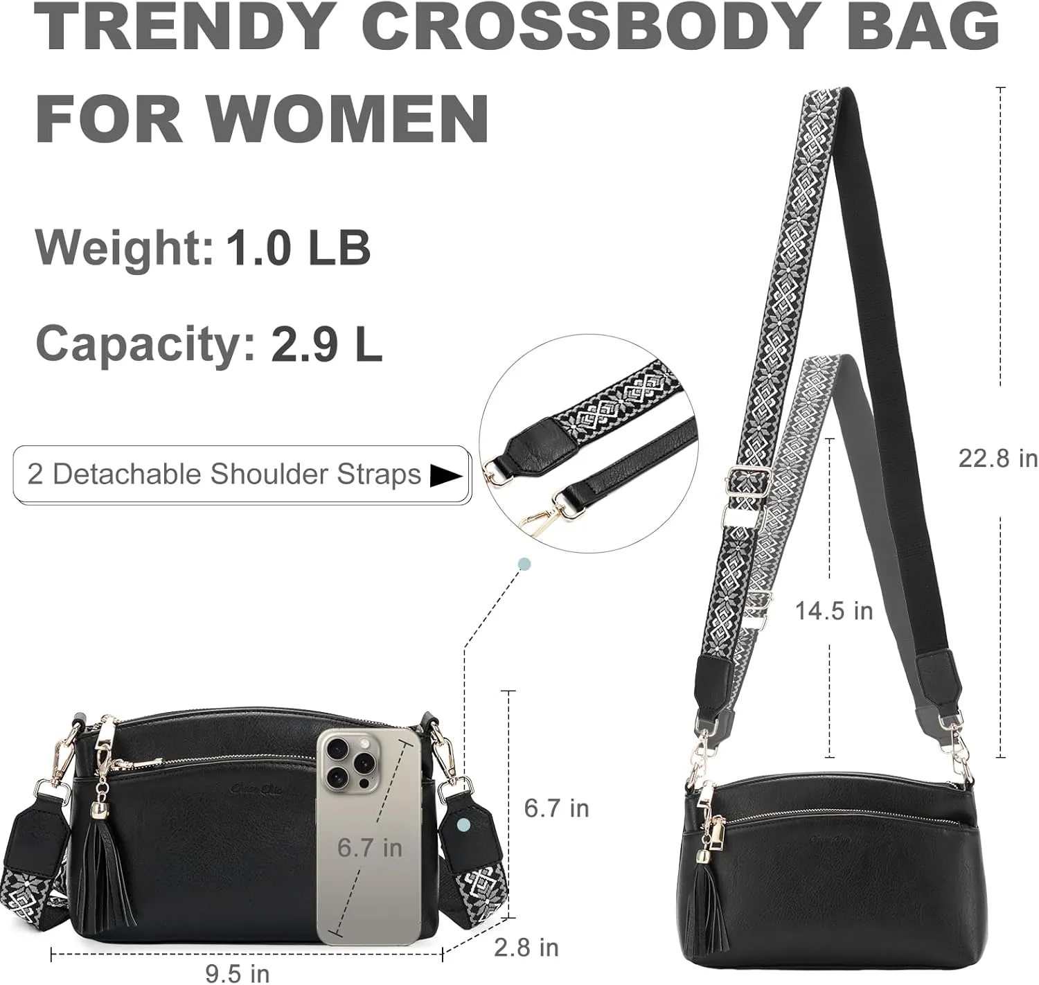 Chase Chic Crossbody Purse for Women, Trendy Vegan Leather Cross Body Bag Lady Small Handbag with Guitar Strap