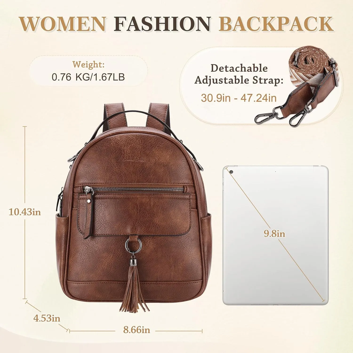 Chase Chic Mini Backpack Purse for Women, Vegan Leather Cute Small Backpack Ladies Fashion Shoulder Handbag for Travel Brown