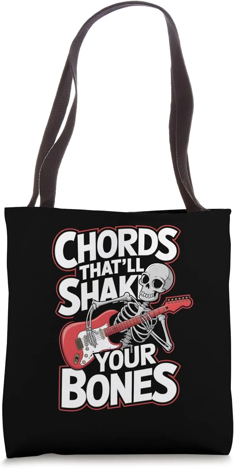 Chords That’ll Shake Your Bones Guitarist Skeleton Rock Tote Bag