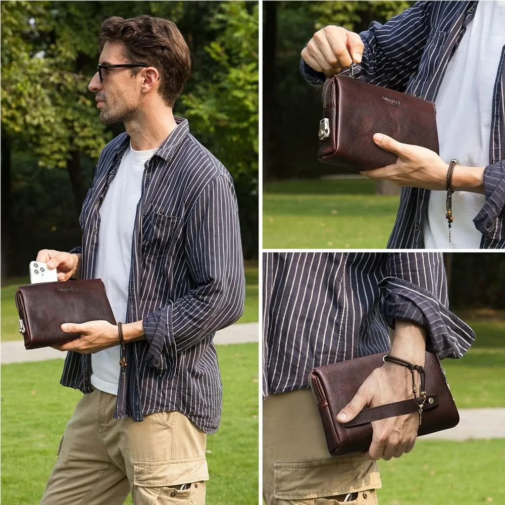 Clutch Purse with Lock Clutch Bag for Men Full Grain Leather Anti Theft Travel Wristlet Handbag Clutch Wallet Card Phone Organizer (Coffee)