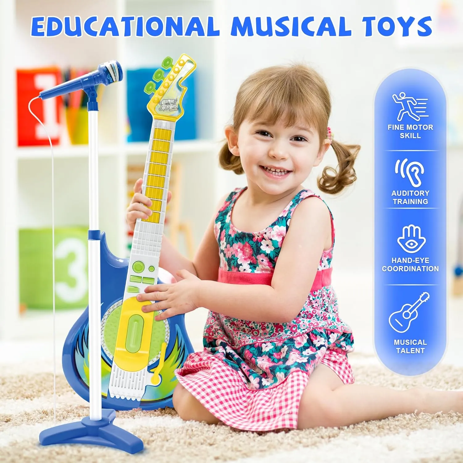 Contixo TG4 Musical Guitar and Microphone Set for Kids, Guitar Toys Starter Kit with Adjustable Hight Microphone with Stand, Karaoke Toys for Boy,Girls,Toddlers Christmas Birthday Gift Blue
