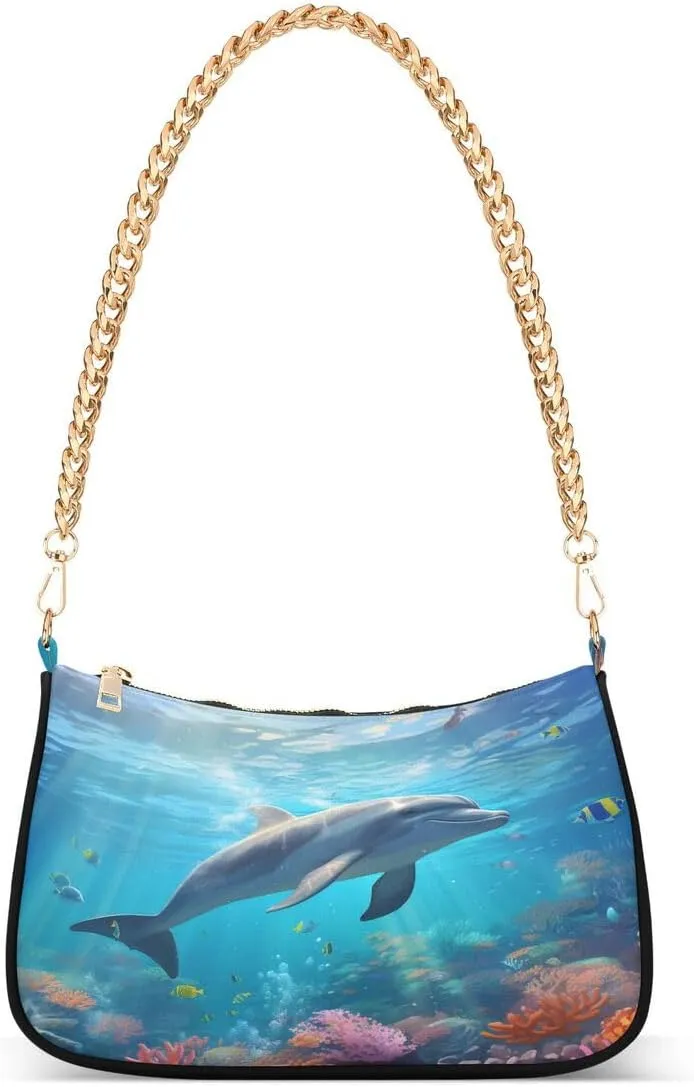 Coral Reef Ocean Dolphin Tote Bag Hobo Handbag for Women Ladies Shoulder Bag Mini Clutch Purse with Zipper Closure
