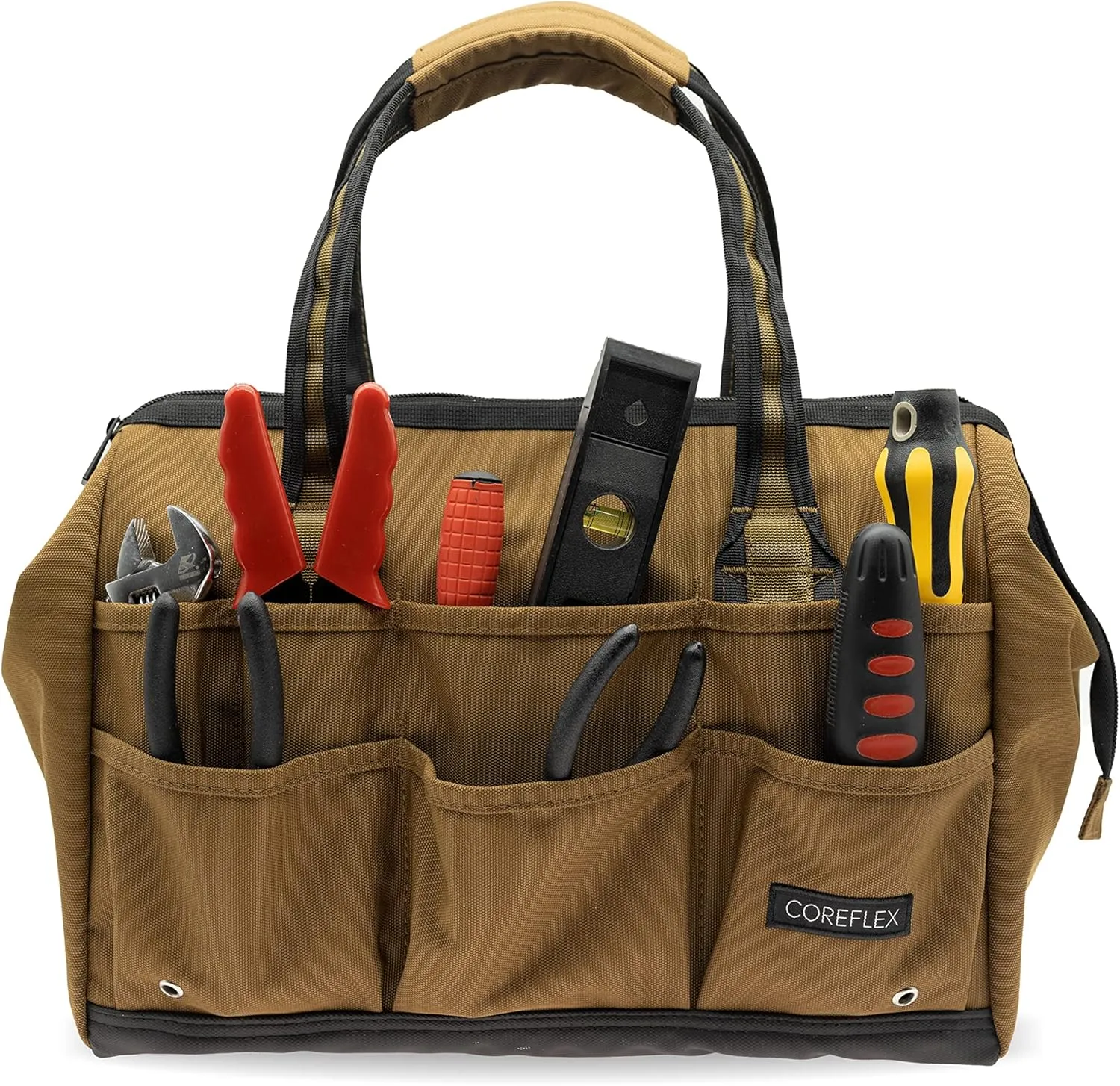 Coreflex 14 inch Wide-Mouth Tool Bag, Gear Bag, Multiple Purpose - for Plumbers, Electricians, Handymen also good for daily use, office use and camping. (Tan)