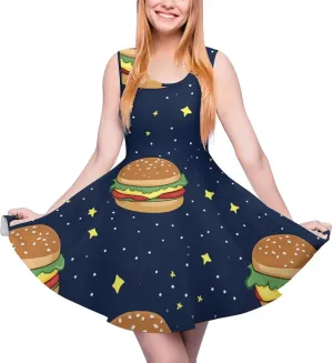 Cosmic Hamburger Swing Dress for Women Round Neck Sleeveless High Waist Mini Dress A-Line Skirts