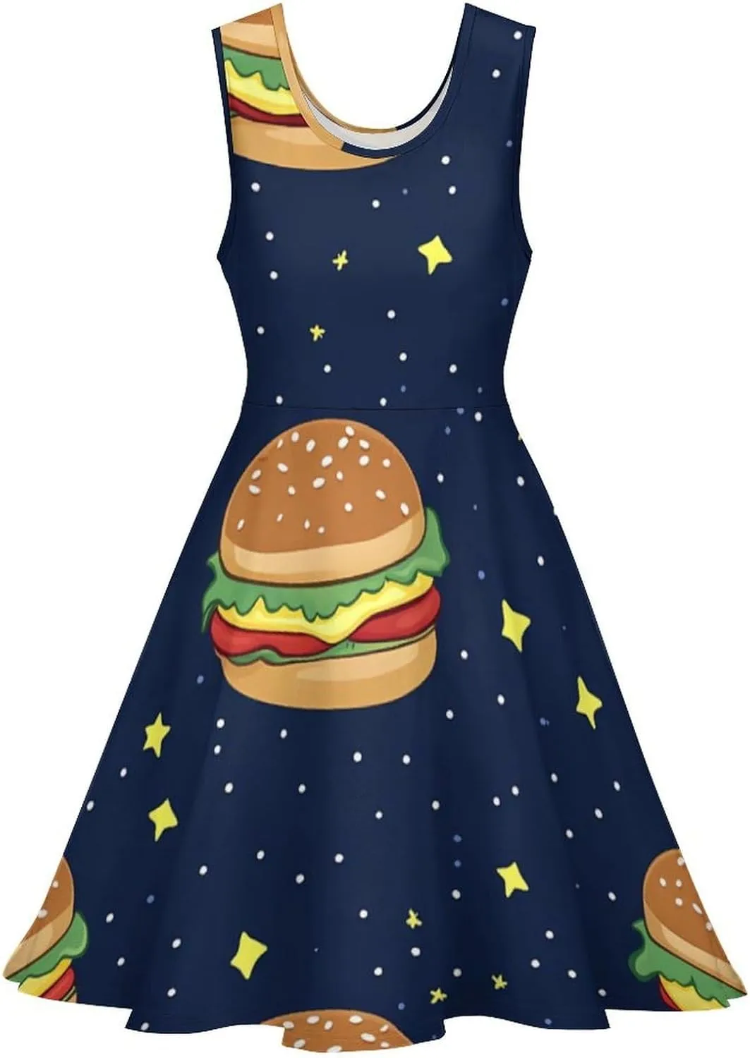 Cosmic Hamburger Swing Dress for Women Round Neck Sleeveless High Waist Mini Dress A-Line Skirts