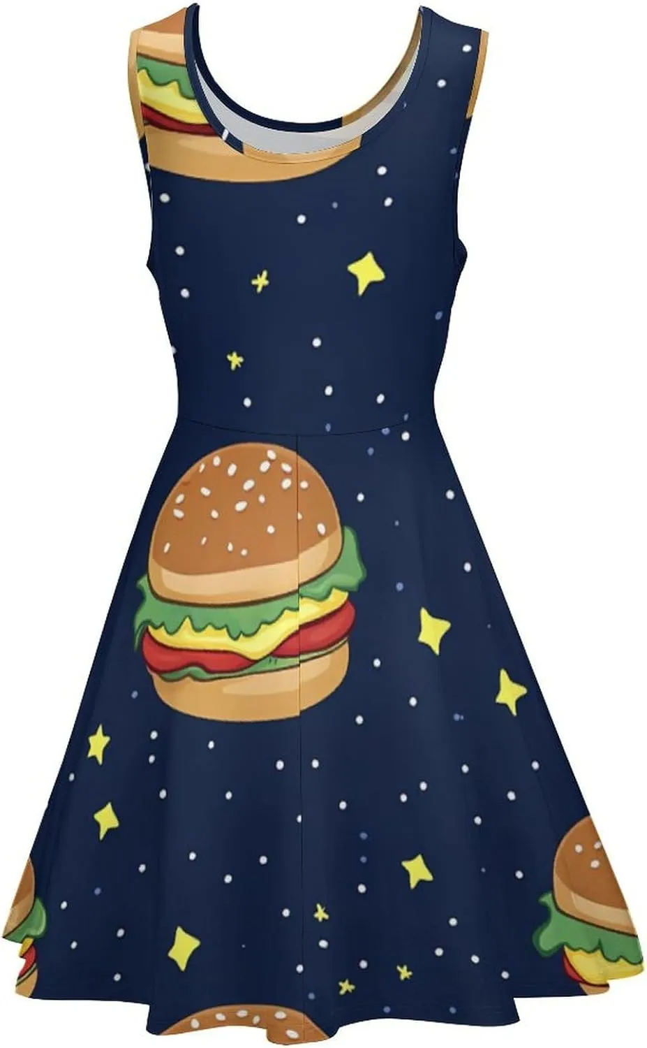 Cosmic Hamburger Swing Dress for Women Round Neck Sleeveless High Waist Mini Dress A-Line Skirts