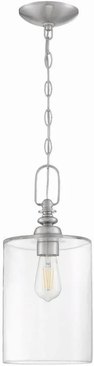 Craftmade 49891-BNK-C Dardyn Clear Glass Cylinder Mini Pendant, 1-Light 60 Watt, 17"H x 8"W, Brushed Polished Nickel