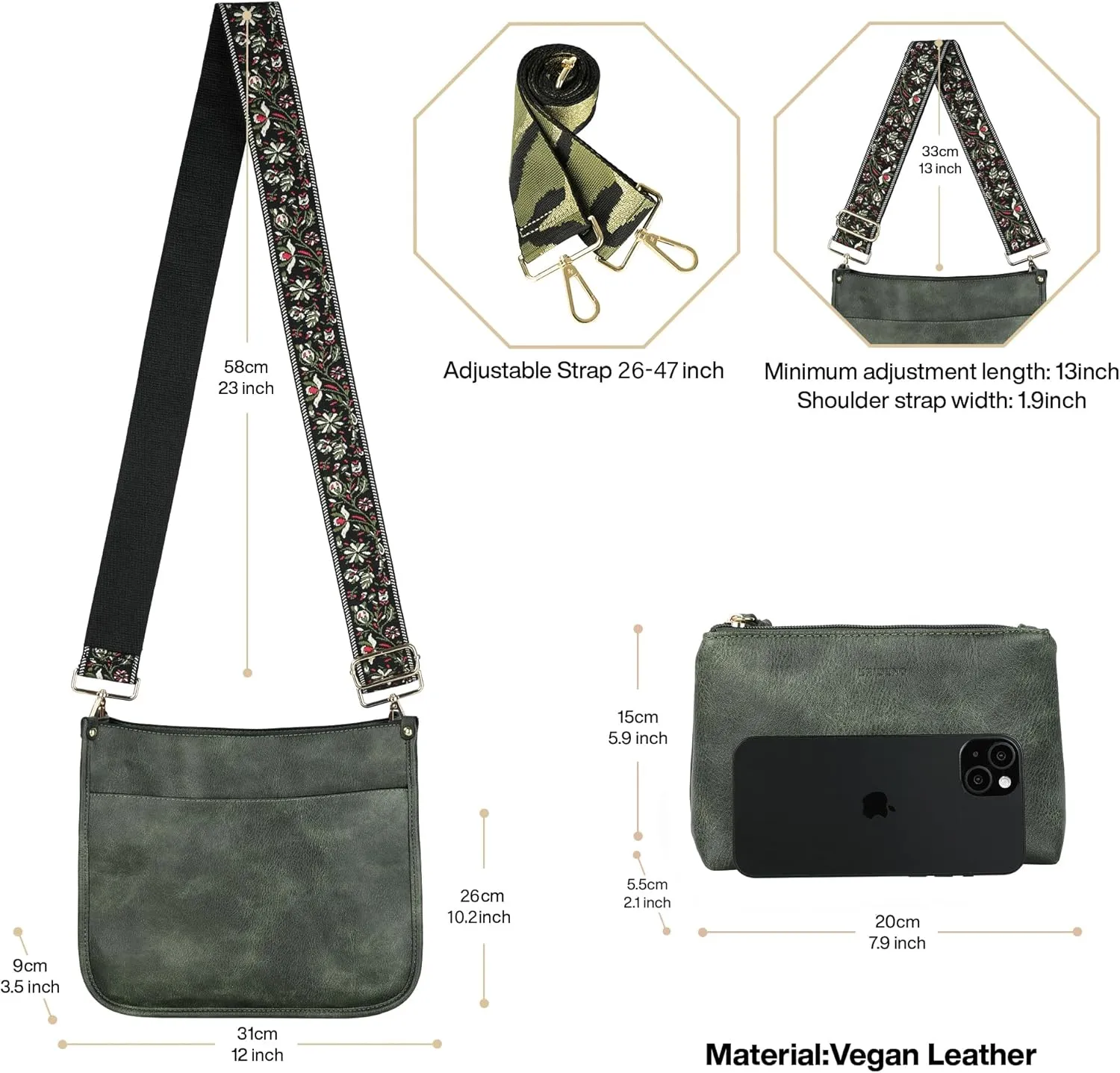 Crossbody Bag for Women Trendy - Vegan Leather Shoulder Purse, Medium Hobo Bag with 2 Strap