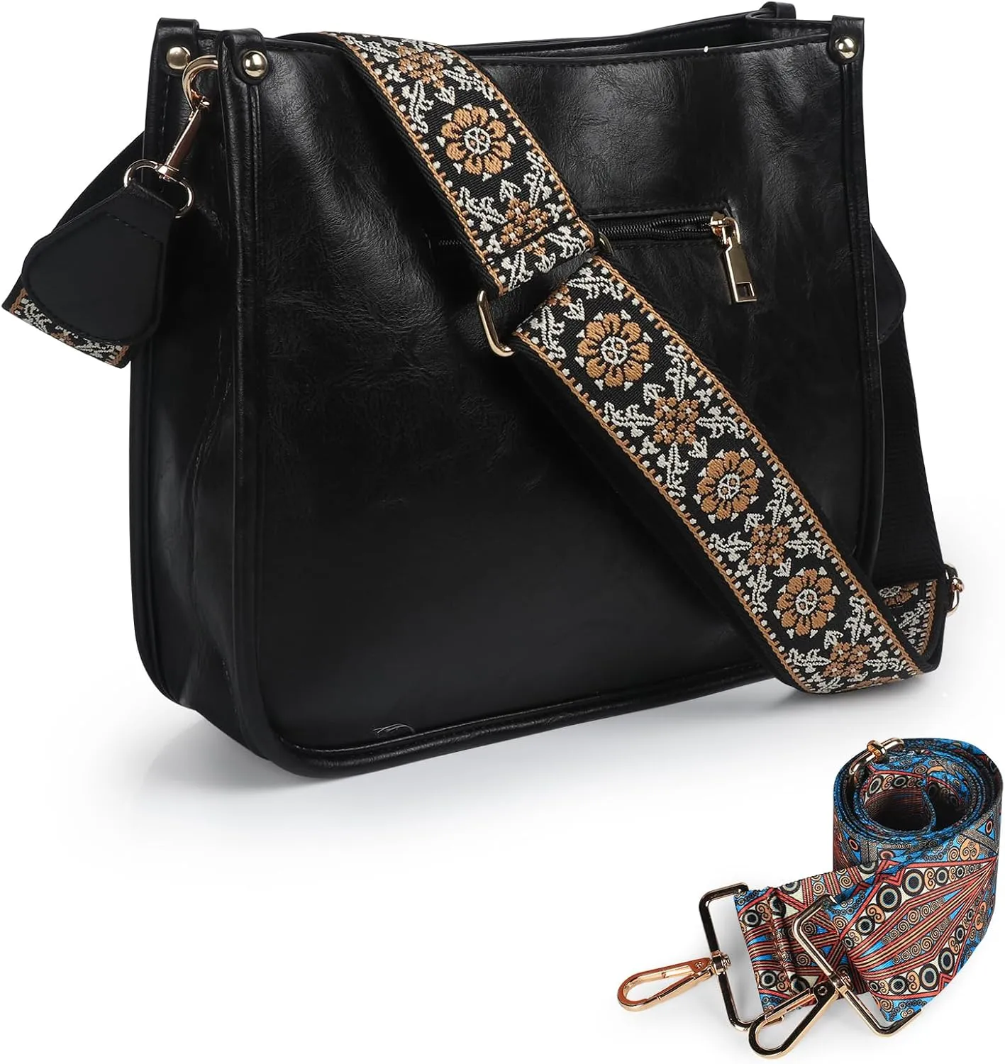 Crossbody Bags for Women Leather Hobo Handbags with 2pcs Adjustable Guitar Strap