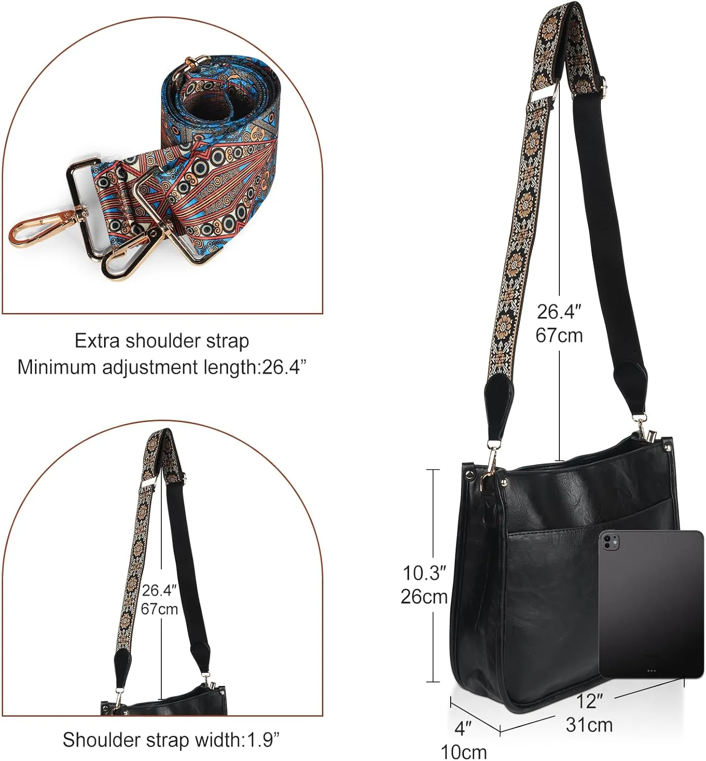 Crossbody Bags for Women Leather Hobo Handbags with 2pcs Adjustable Guitar Strap