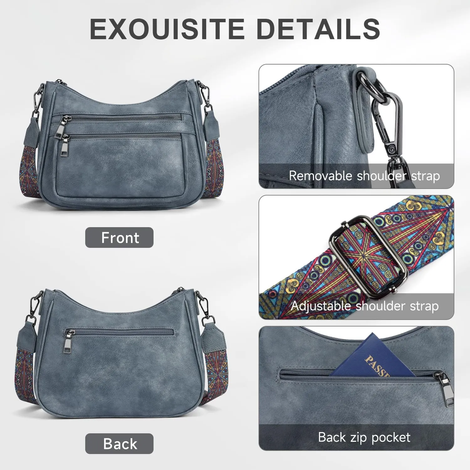 Crossbody Bags for Women Leather Purse Trendy Multi Pocket Shoulder Handbags with Adjustable Guitar Strap