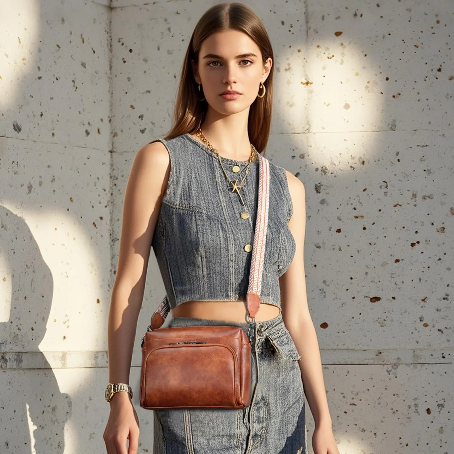 Crossbody Bags for Women Lightweight Vegan Leather Crossbody Shoulder Bag Phone Purse with Adjustable Guitar Strap