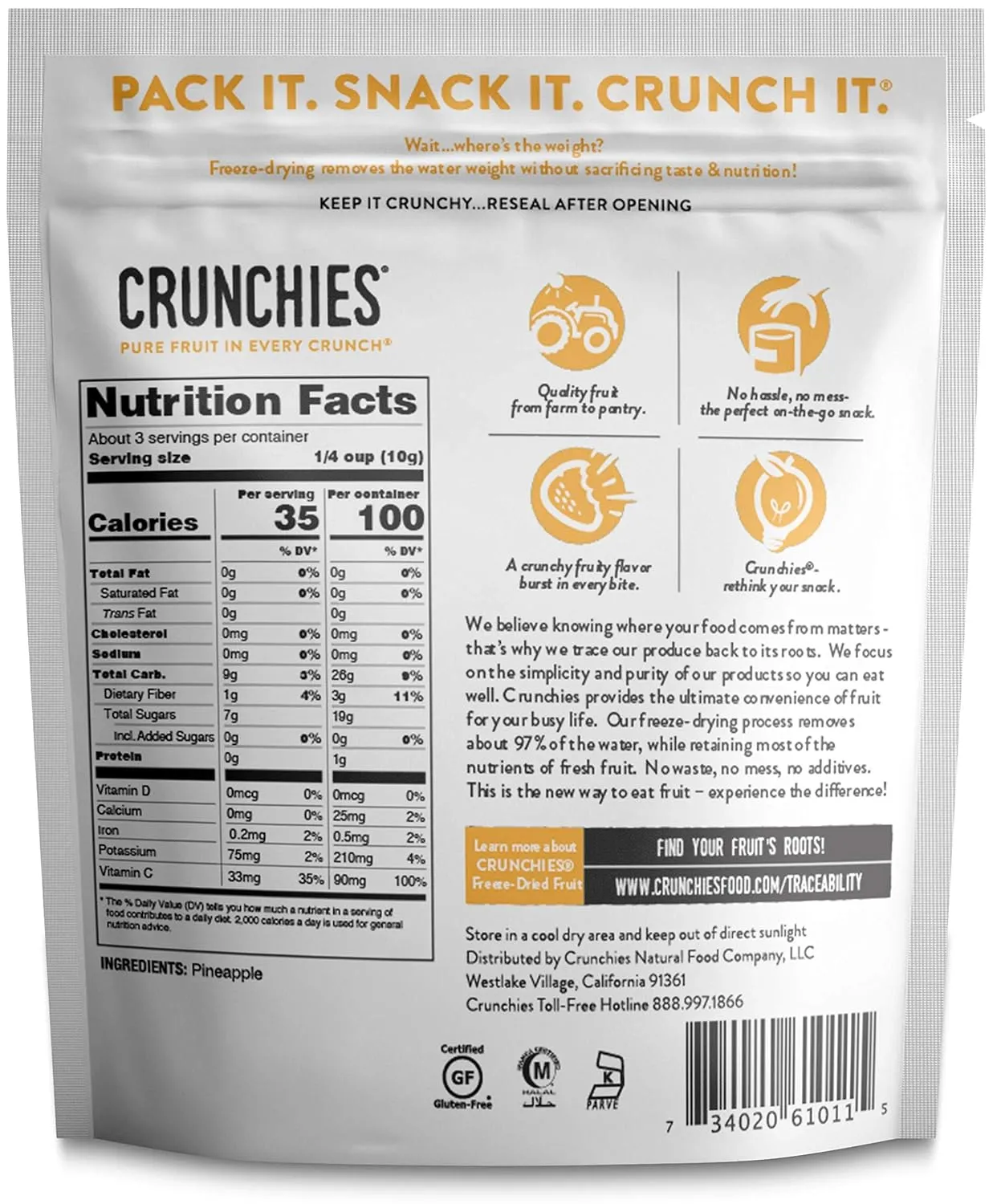 Crunchies Freeze-Dried Fruits, 100% All Natural Crispy Fruit, Non GMO and Kosher, Resealable Freeze Dried Fruit Snack Packs, Pack of 6 (Pineapple)
