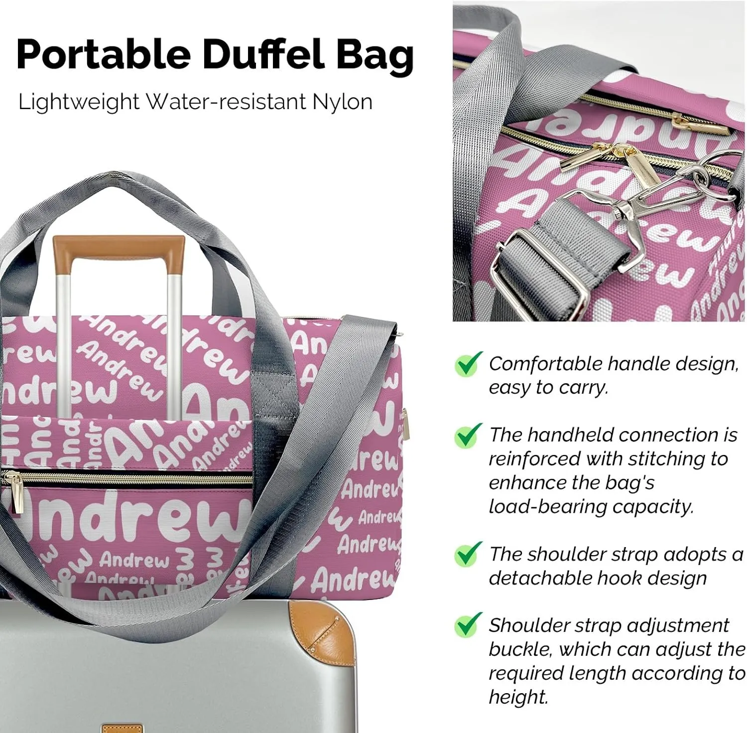 Customized Travel Duffel Bag with Name Weekender Overnight Bags Pink Personalized Sports Gym Bag Waterproof Luggage Bag for Women