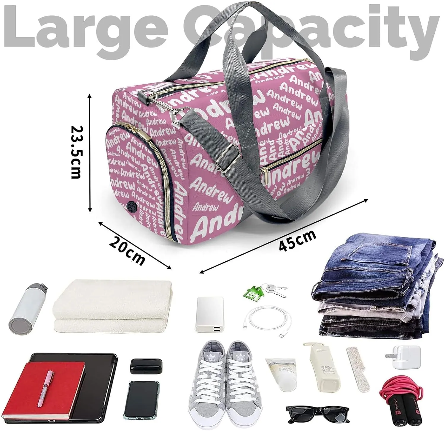 Customized Travel Duffel Bag with Name Weekender Overnight Bags Pink Personalized Sports Gym Bag Waterproof Luggage Bag for Women