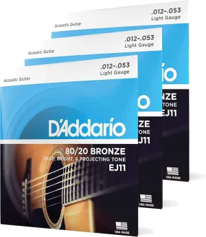 D'Addario Acoustic Guitar Strings - 80/20 Bronze - For 6 String Guitars - Deep, Bright, Projecting Tone - EJ11-3D - Light, 12-53 - 3-Pack