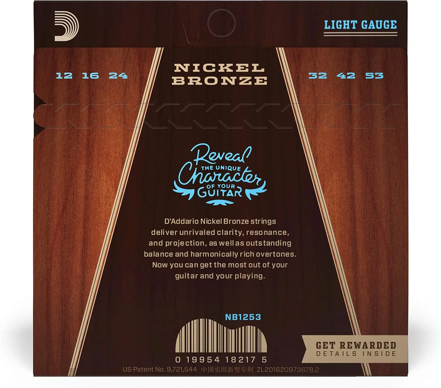 D'Addario Acoustic Guitar Strings, Nickel Bronze, NB1253, Light Gauge 12-53, 6-String Set, Pack of 1