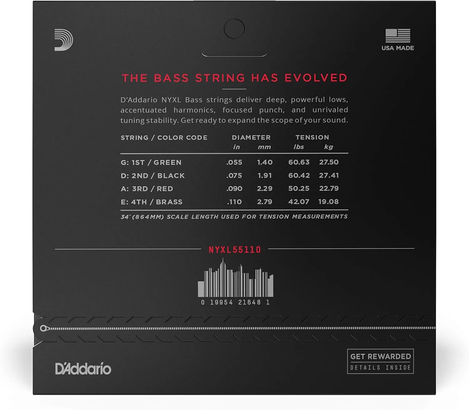 D'Addario Bass Guitar Strings - NYXL Bass Strings - NYXL55110 - Unrivaled Strength, Tuning Stability, Enhanced Response - For 4 String Bass Guitars - 55-110 Heavy, Long Scale