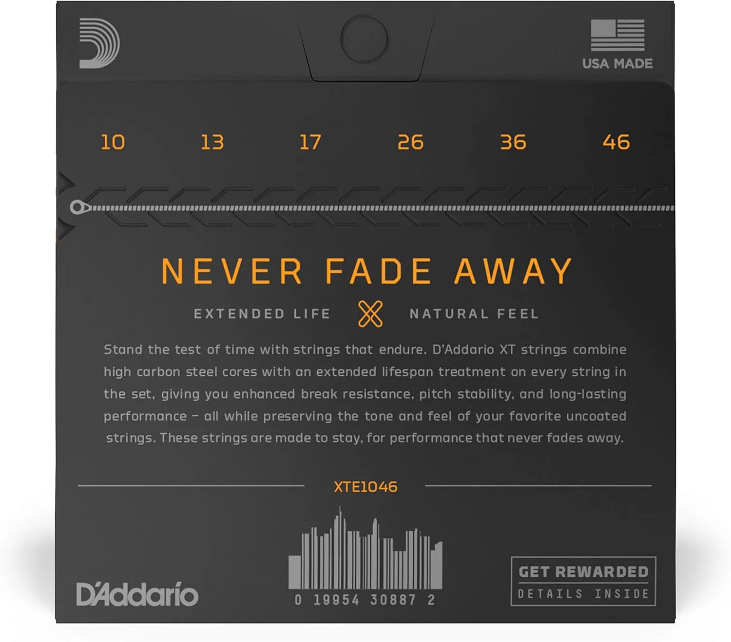 D'Addario Electric Guitar Strings, XT Nickel Coated, XTE1046, Regular Light Gauge 10-46, 6-String Set, Pack of 1