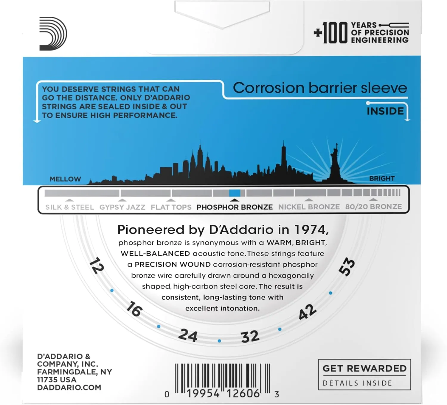 D'Addario Guitar Strings - Phosphor Bronze Acoustic Guitar Strings - EJ16-3D - Rich, Full Tonal Spectrum - For 6 String Guitars - 12-53 Light, 3-Pack