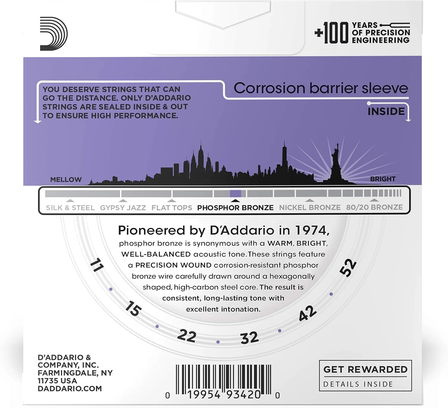 D'Addario Guitar Strings - Phosphor Bronze Acoustic Guitar Strings - EJ26-3D - Rich, Full Tonal Spectrum - For 6 String Guitars - 11-52 Custom Light, 3-Pack