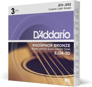 D'Addario Guitar Strings - Phosphor Bronze Acoustic Guitar Strings - EJ26-3D - Rich, Full Tonal Spectrum - For 6 String Guitars - 11-52 Custom Light, 3-Pack