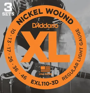 D'Addario Guitar Strings - XL Nickel Electric Guitar Strings - EXL110-3D - Perfect Intonation, Consistent Feel, Reliable Durability - For 6 String Guitars - 10-46 Regular Light, 3-Pack