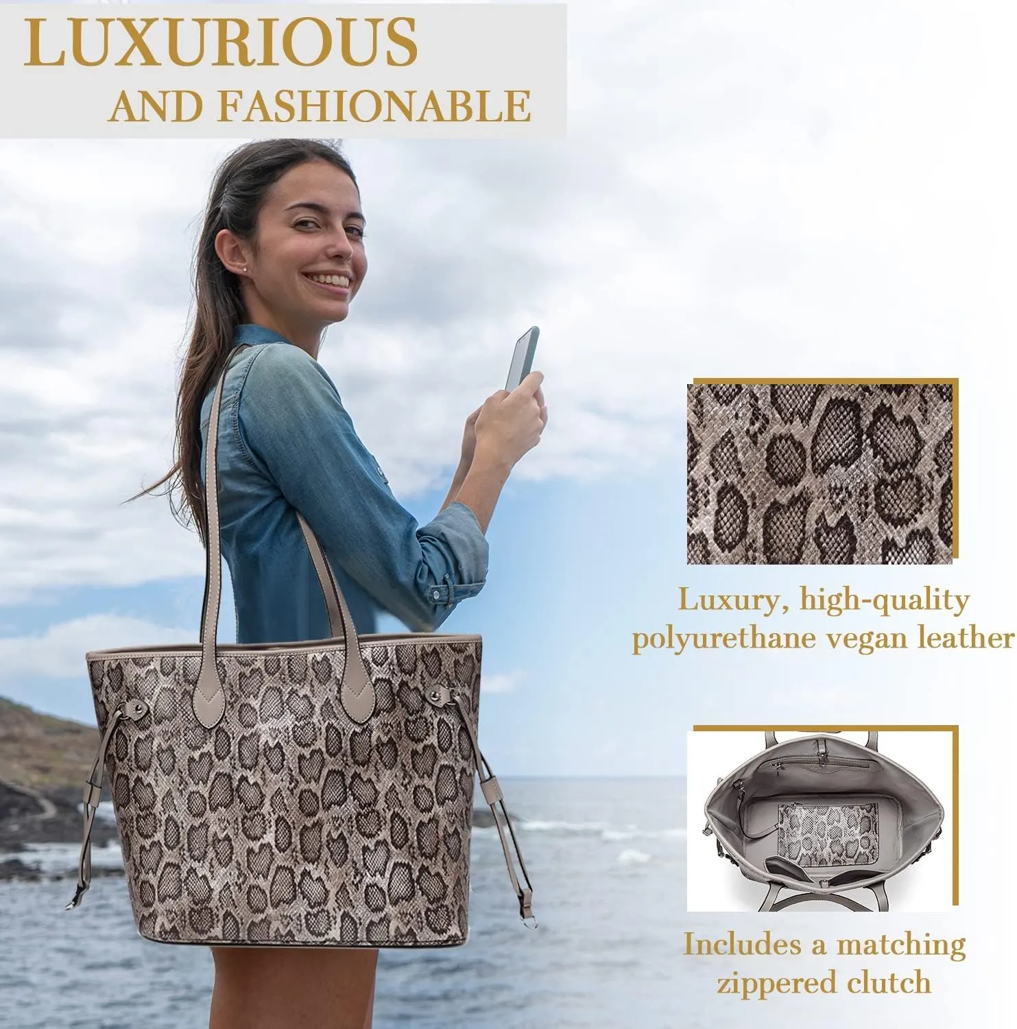 Daisy Rose Tote Shoulder Travel Bag & Matching Clutch PU Vegan Leather